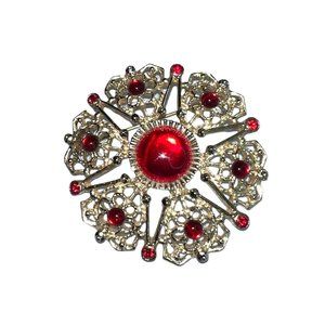 Vintage Sarah Coventry Brooch W/Red Rhinestones Serenade Collection Gripoix Star